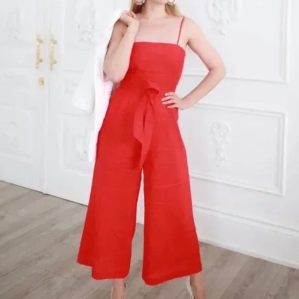 J.Crew Women’s Linen Blend Straps Red Wide Leg Jumpsuit Cropped Size 6